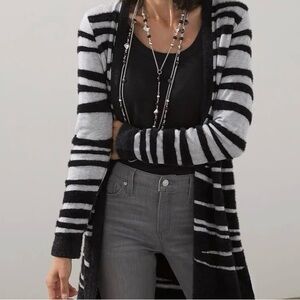 Chico's Black & Gray Striped Open-Front Cardigan